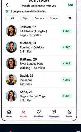 Ensemble Zone Active Now list showing people working out nearby